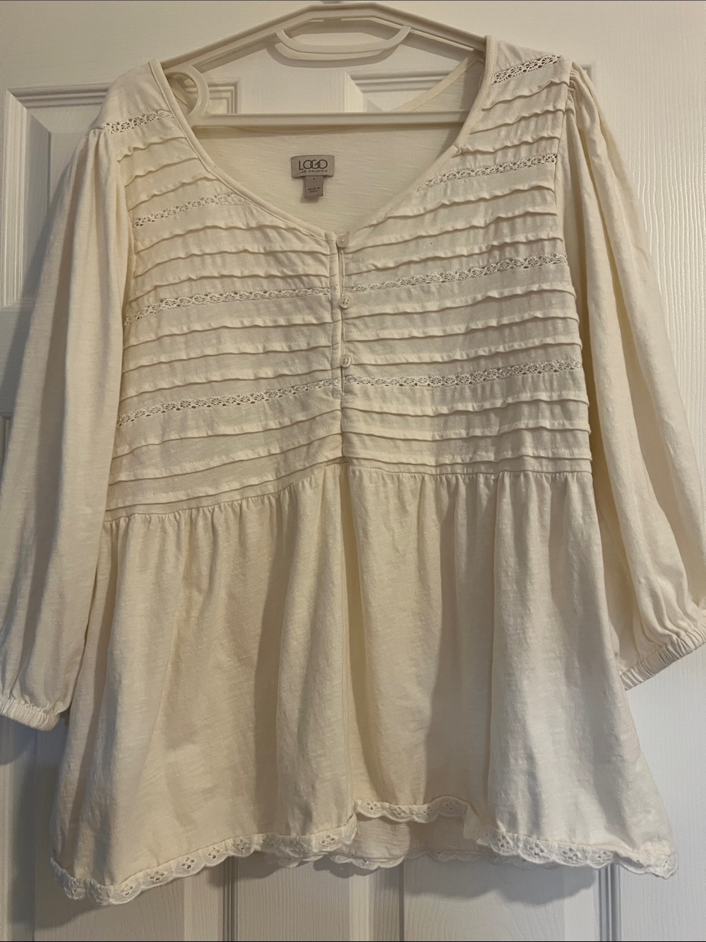 LOGO by Lori Goldstein Cream Lace-Trim Pintuck Peasant Tunic